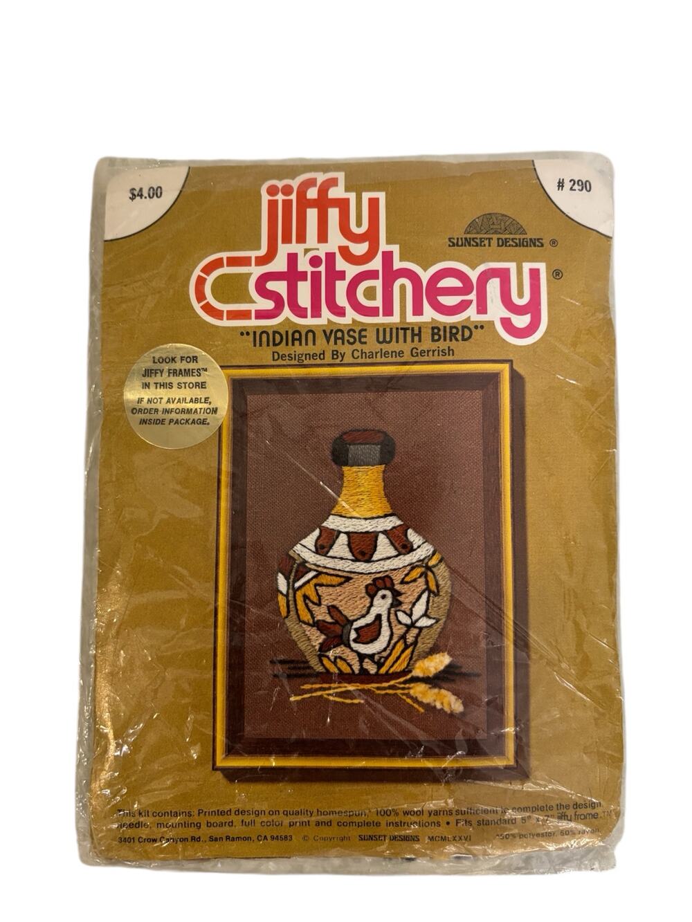 Vintage Jiffy Stitchery #290 Indian Vase Bird Kit Sunset Designs Open Complete
